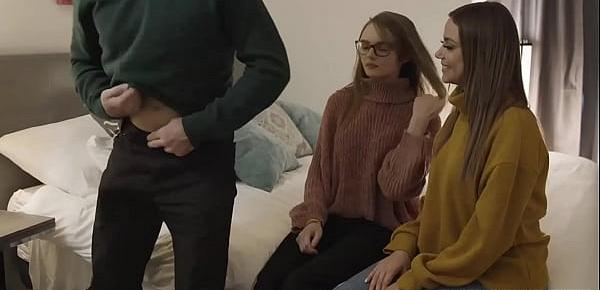  Naive teen dauther Jessae Rosae gets a sizzling threesome fuck with her foster parents a a welcome gift from their family.